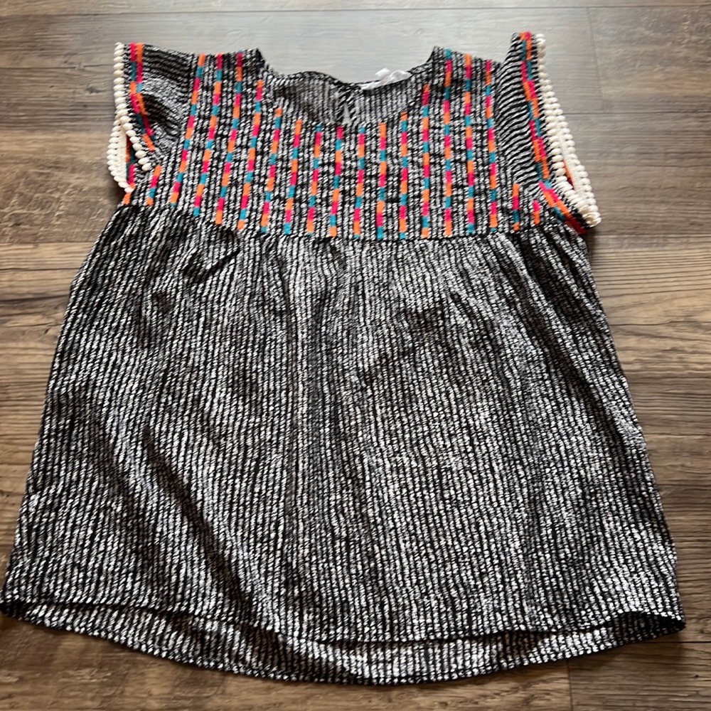 THML Black and White Textured Top with Colorful Embroidered Yoke
